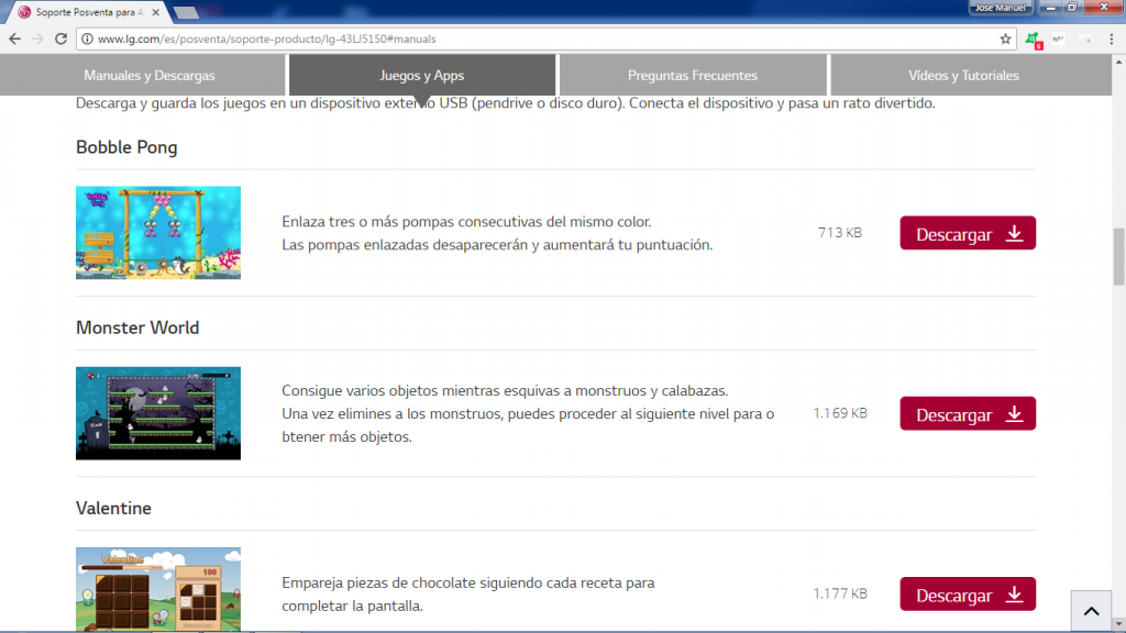 LG 43LJ5150, página soporte de LG para descarga de los juegos.