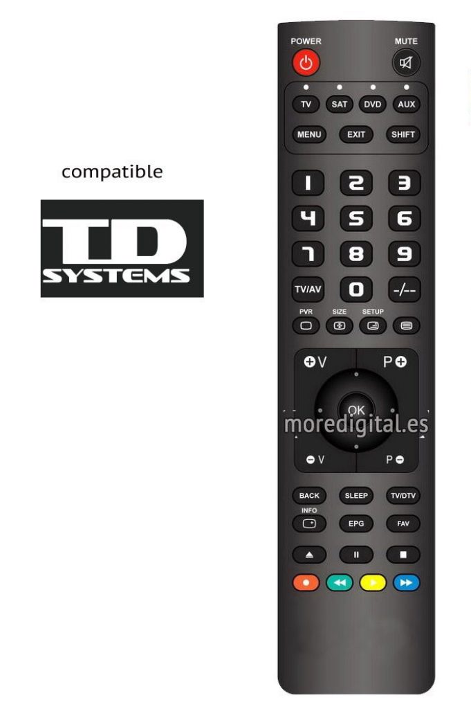 Este es el mando del TD Systems K48DLS6F, compatible con el resto de televisores de la marca