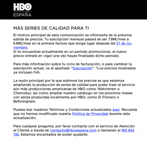 El comunicado por el que HBO da a conocer la subida de precio de su suscripción