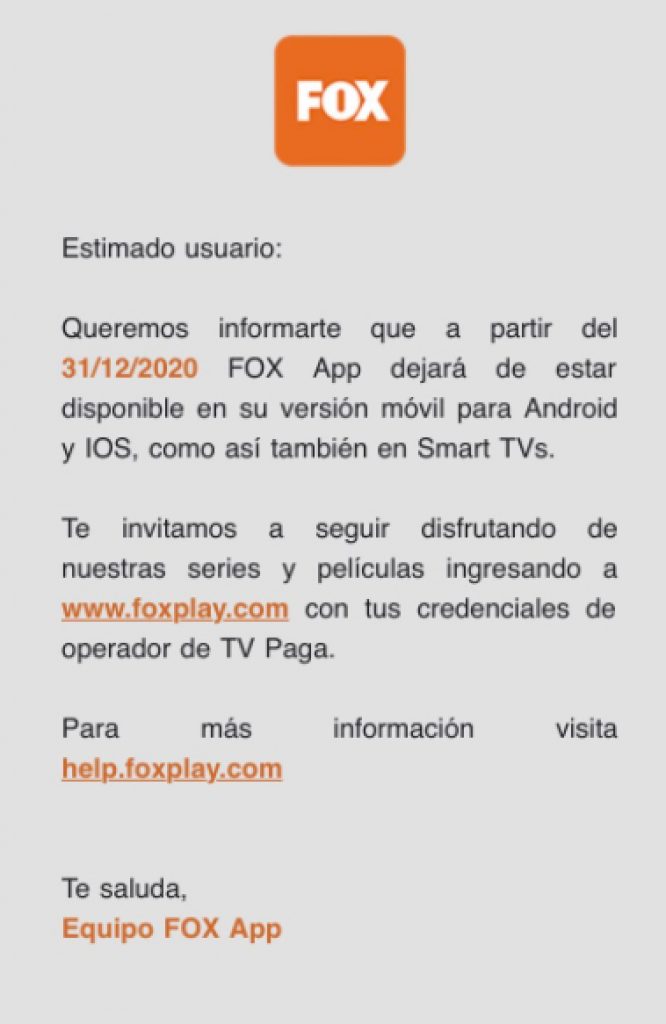 Comunicado oficial de Fox sobre la desaparición de Fox Play