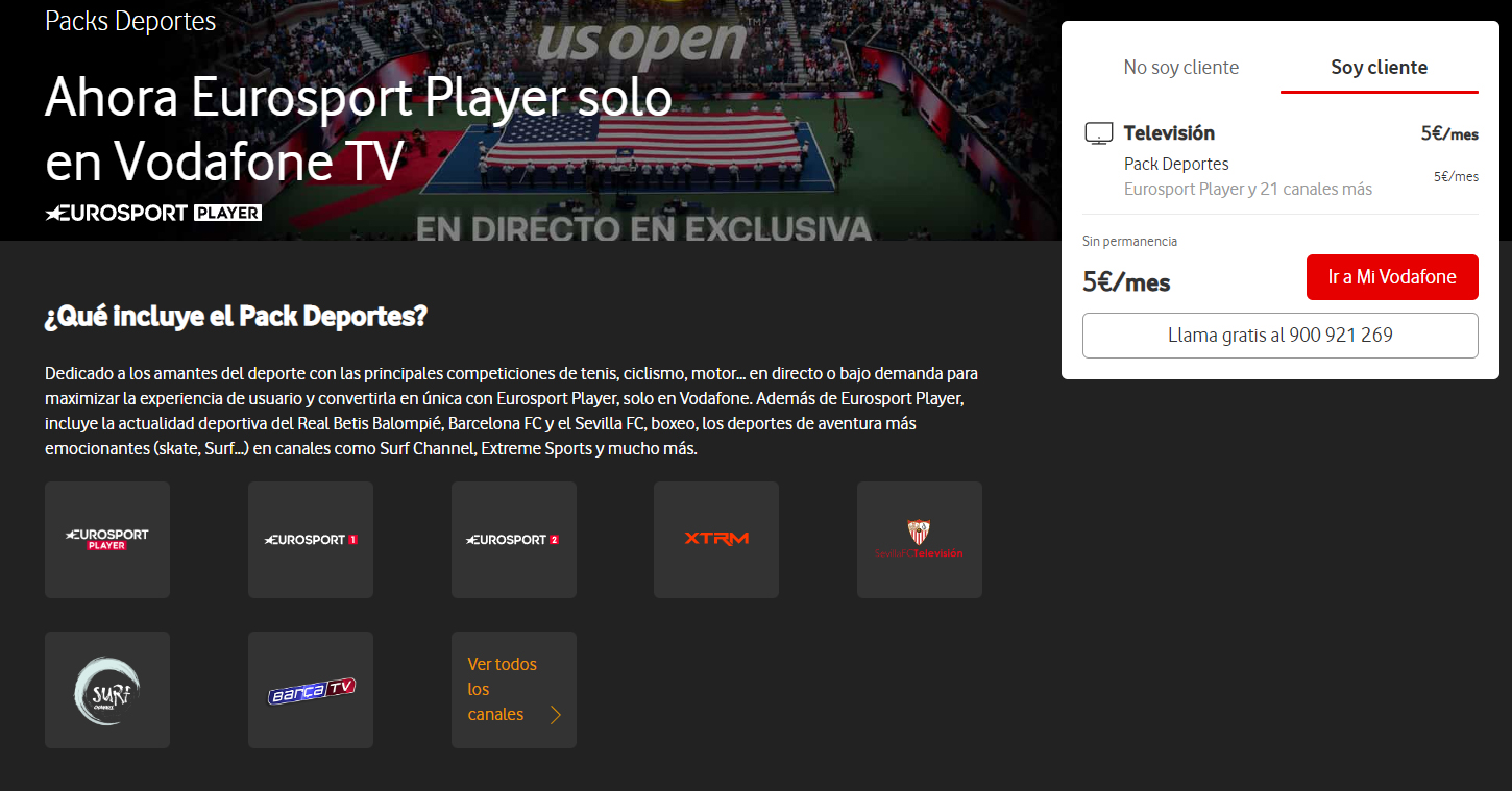 Así anuncia su oferta de deportes Vodafone en su web oficial