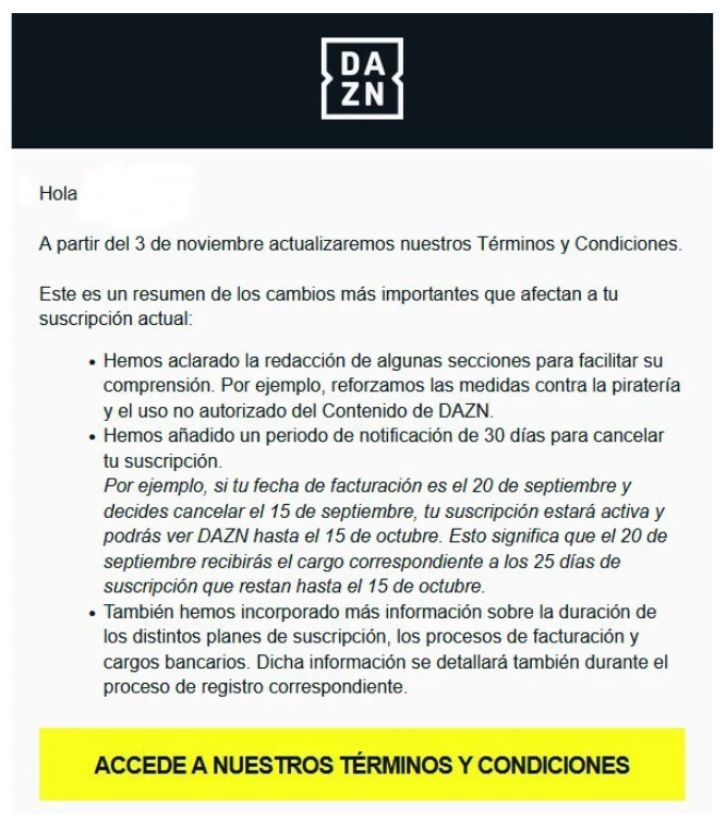 Este es el correo electrónico con el que DAZN se dirige a sus suscriptores dando aviso de los cambios que entrarán en vigencia el día 3 de noviembre