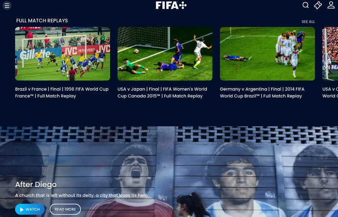Interfaz con contenidos de FIFA+