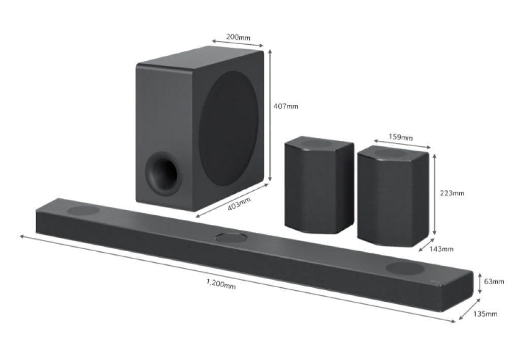 Medidas de todo el conjunto LG MERIDIAN S95QR