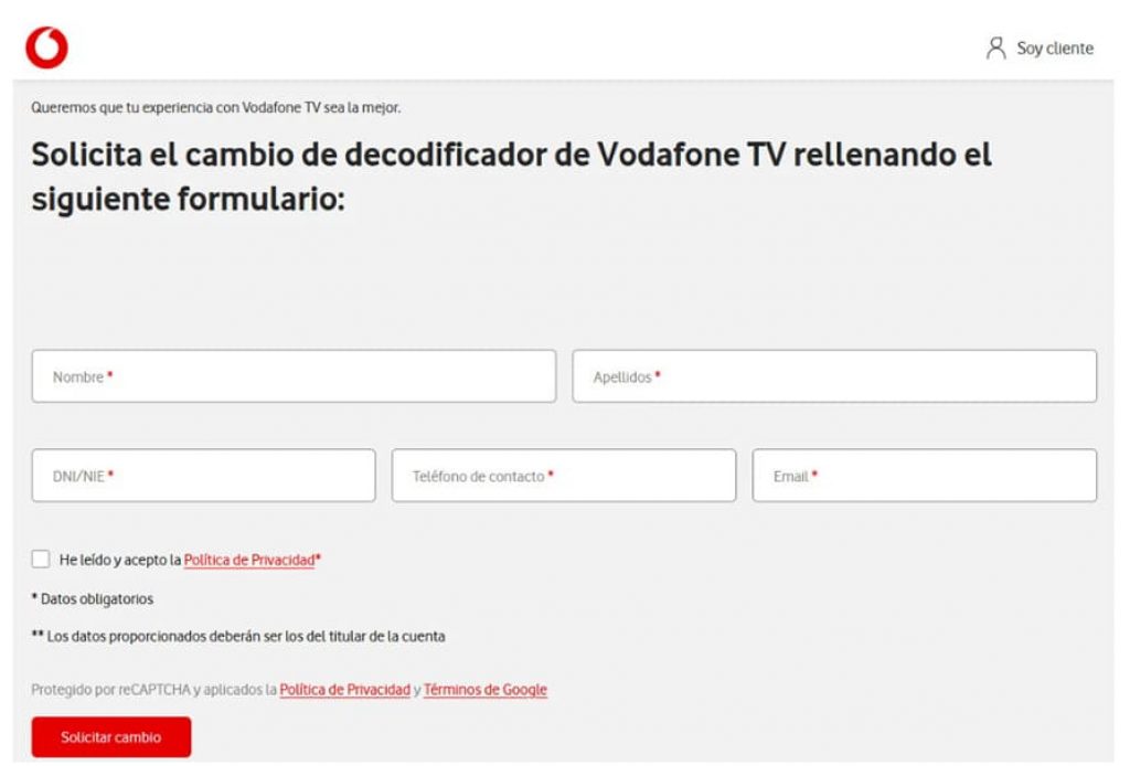 Formulario web para solicitar el cambio sin coste