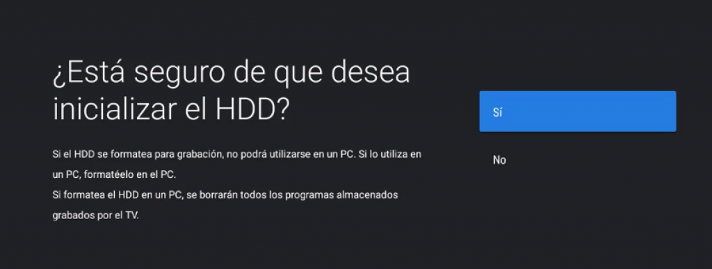 Debes aceptar el formateo del dispositivo