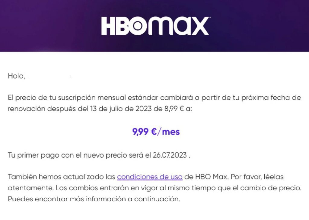 Email de aviso sobre la subida de precio de HBO Max en España