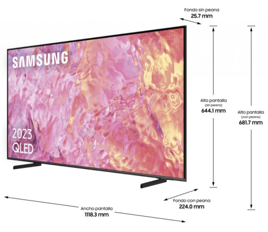 Samsung TQ50Q64C en tres cuartos y con sus medidas