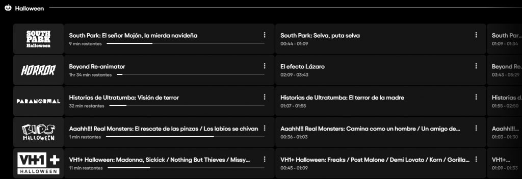 Ejemplo de la parrilla de canales de especial Halloween de Pluto TV